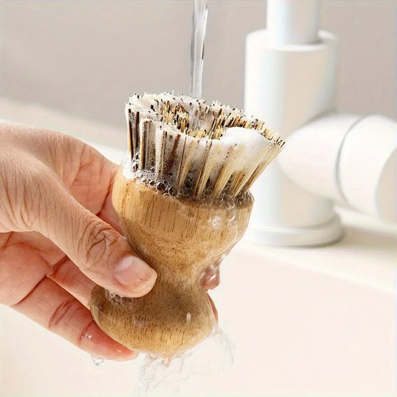 1pc Solid Wood Dishwashing Brush Pot Scrubber with Oak Handle Sisal Fiber Non-Stick Pan Cleaning Stain Removal Brush Dish Brush