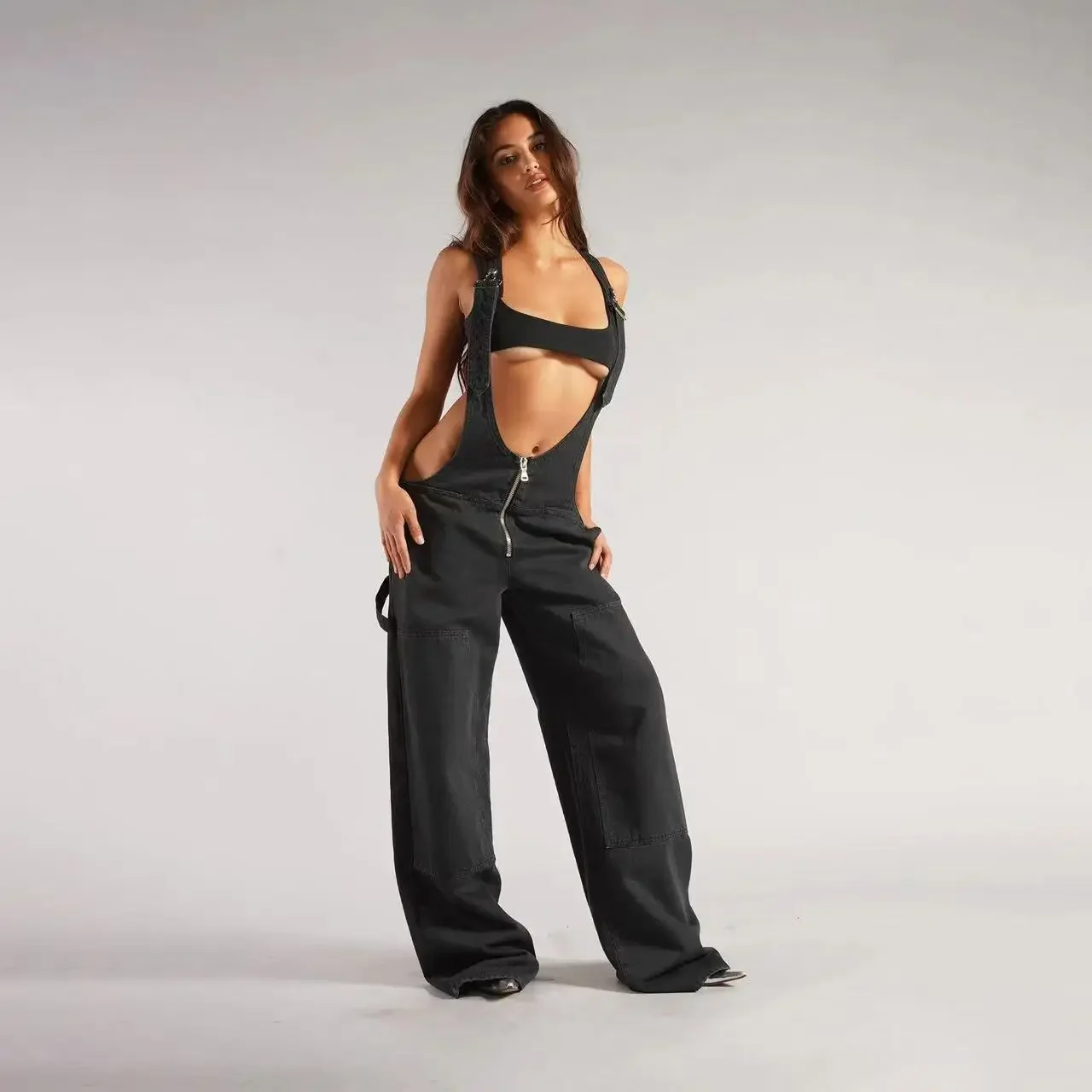 

2025 Street Style Low-waisted Denim Suspenders. Women's Summer New Style Personalized Hot Girl Casual Loose Wide-leg Suspenders