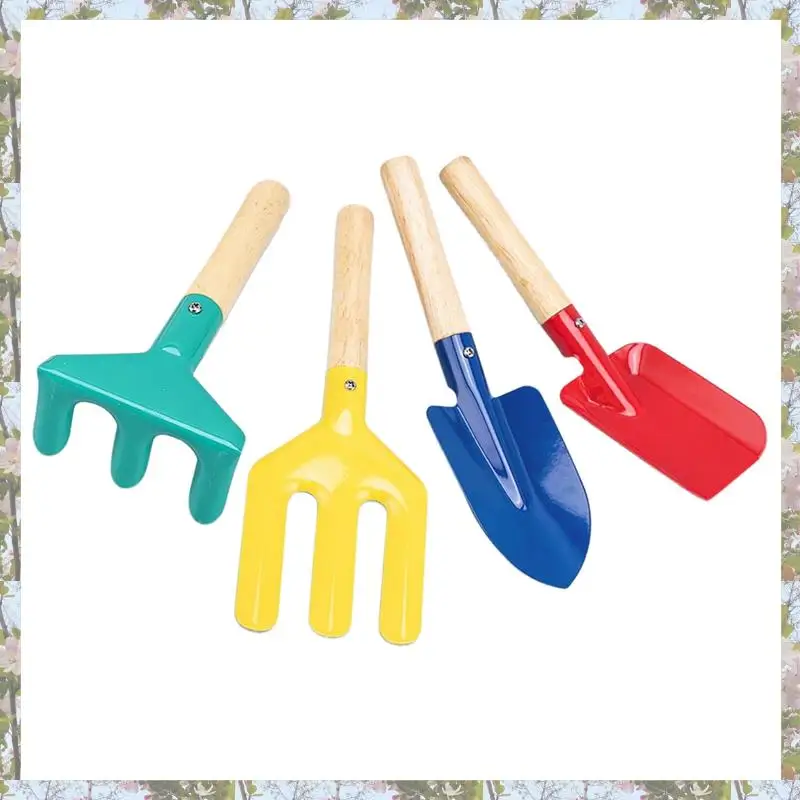 T84C-Gardening Set Metal Garden Tools With Sturdy Wooden Handle,Safe Kids Shovel With Cylinder, Spoon, Fork, Rake