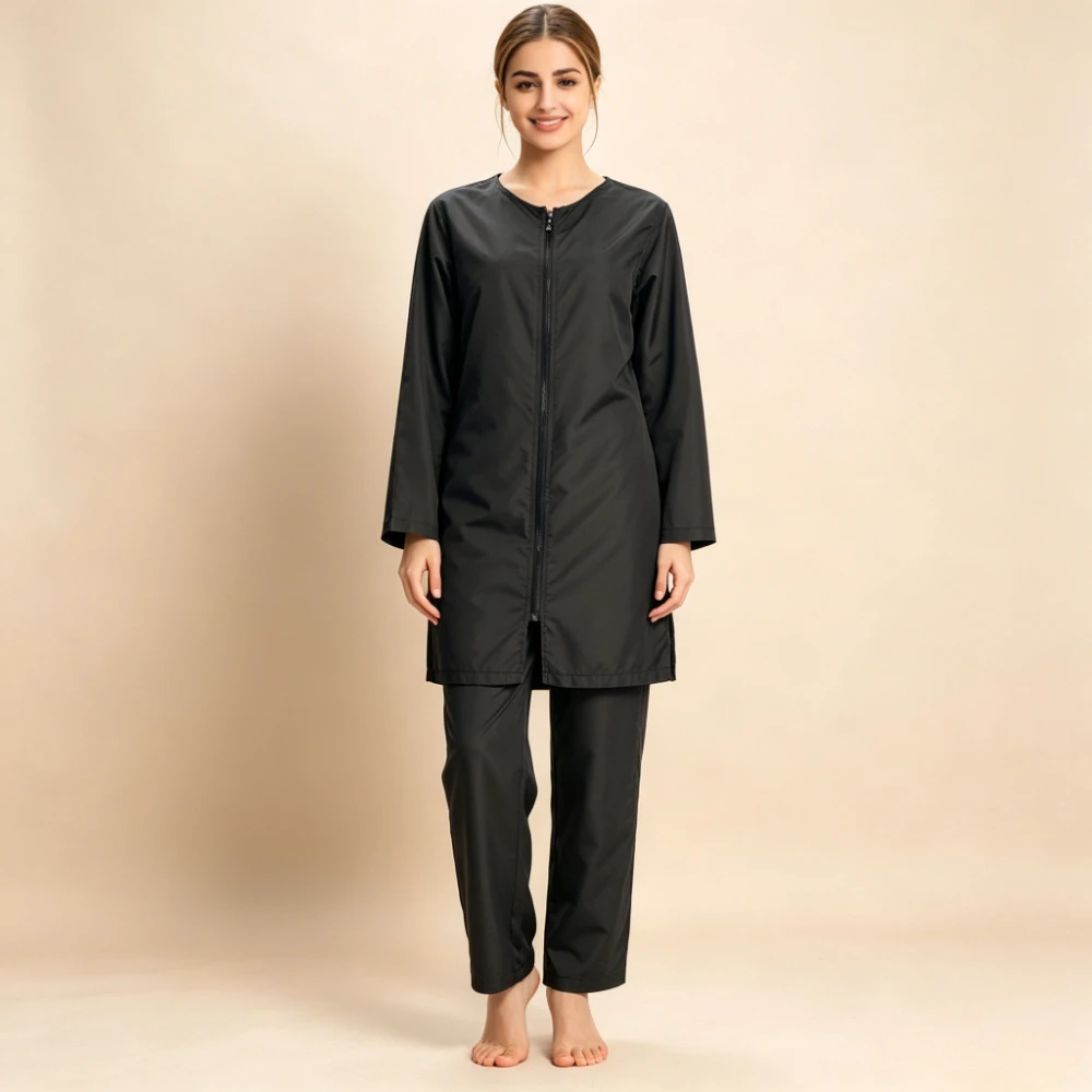 Modest Muslim Swimsuit for Women, Full Coverage Burkini 2-Piece, Long Sleeve Zip Up Swimwear, Islamic Conservative Bathing Suit
