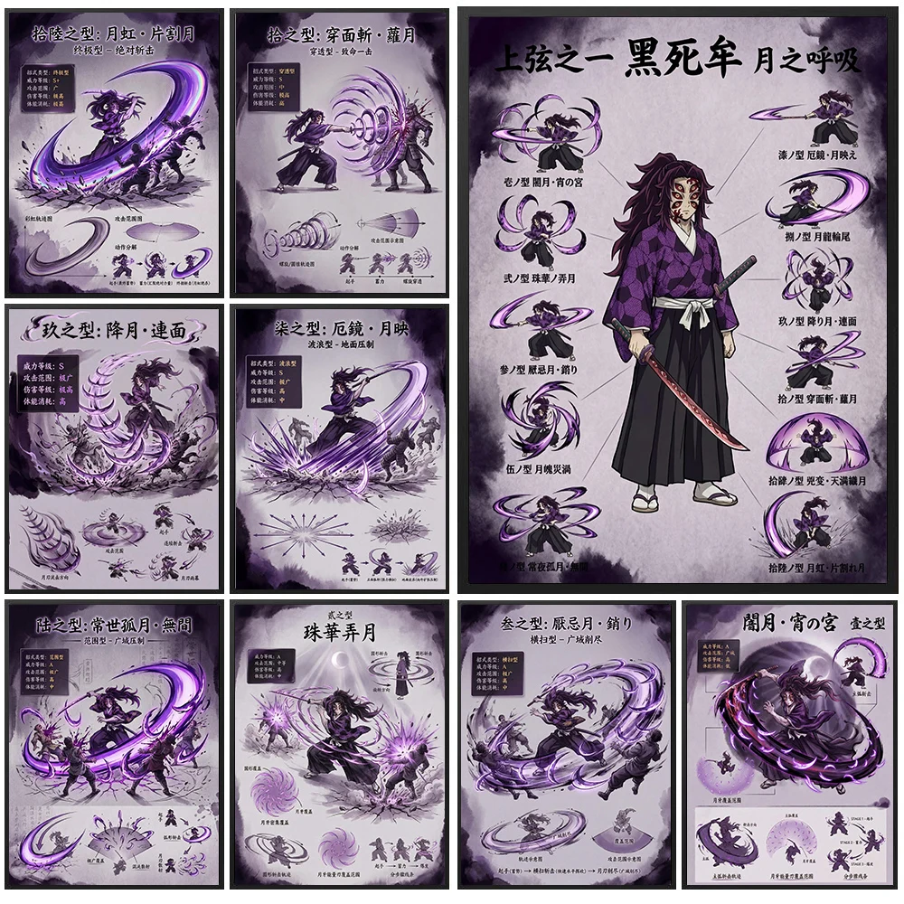 Upper Rank One Kokushibo Skill Art Poster Prints, Moon Breathing Form Canvas Wall Art,Anime Poster, Game Room & Bedroom Decor
