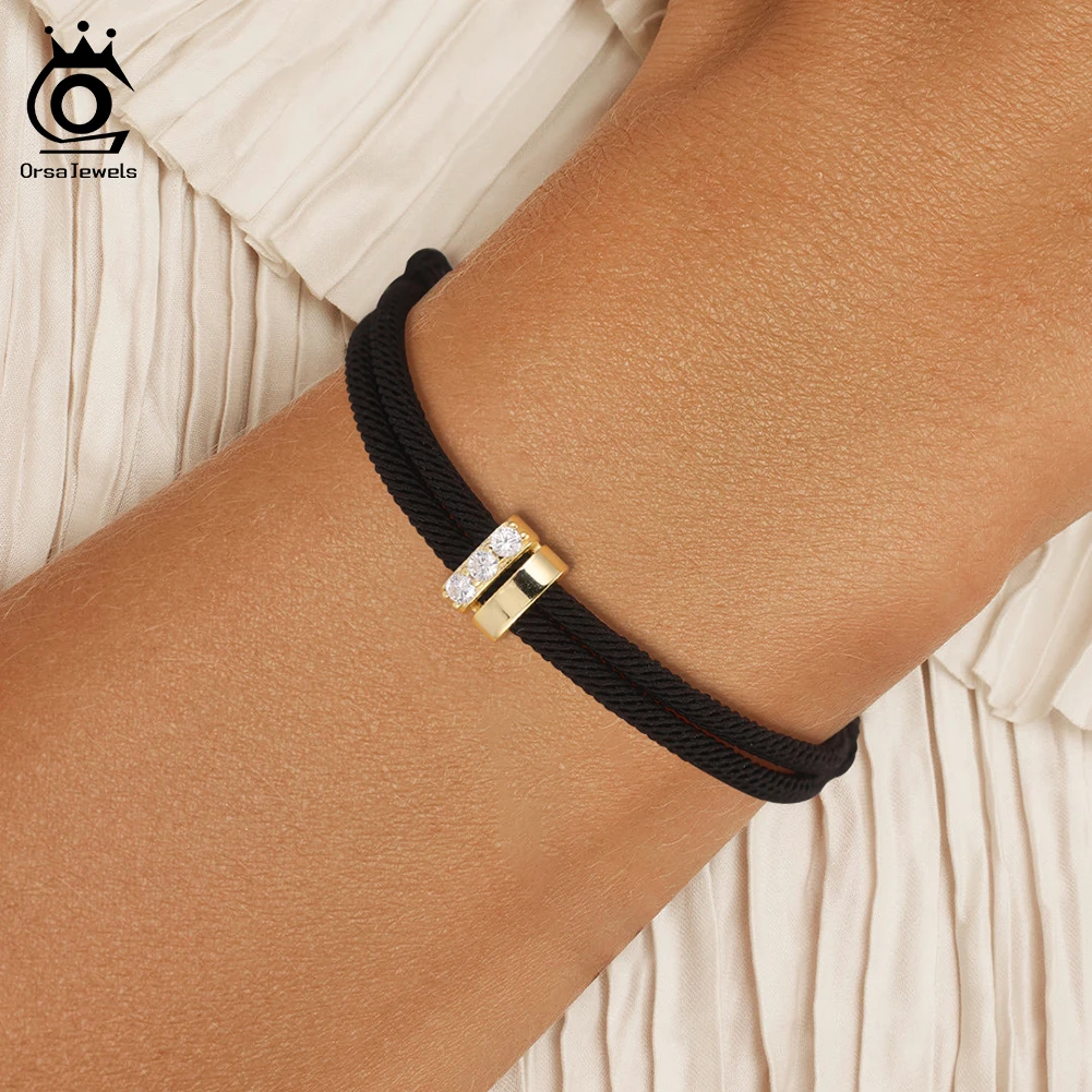 

ORSA JEWELS 925 Sterling Silver Shiny Zircon Chain Bracelet Fashion Black Chain Bracelet Adjustable Jewelry Daily Wear APB07