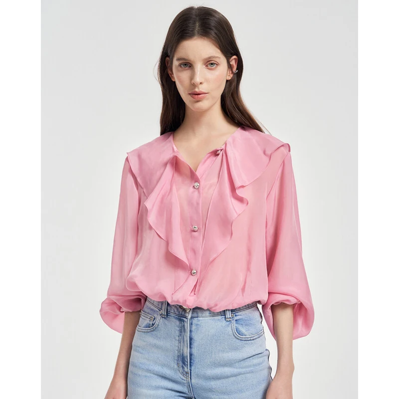 

Romantic Wave Playful Sle Women's irt MICOAT Spring 2025 Long Sve Elastic Waist Silk Loose Fit Casual Faion