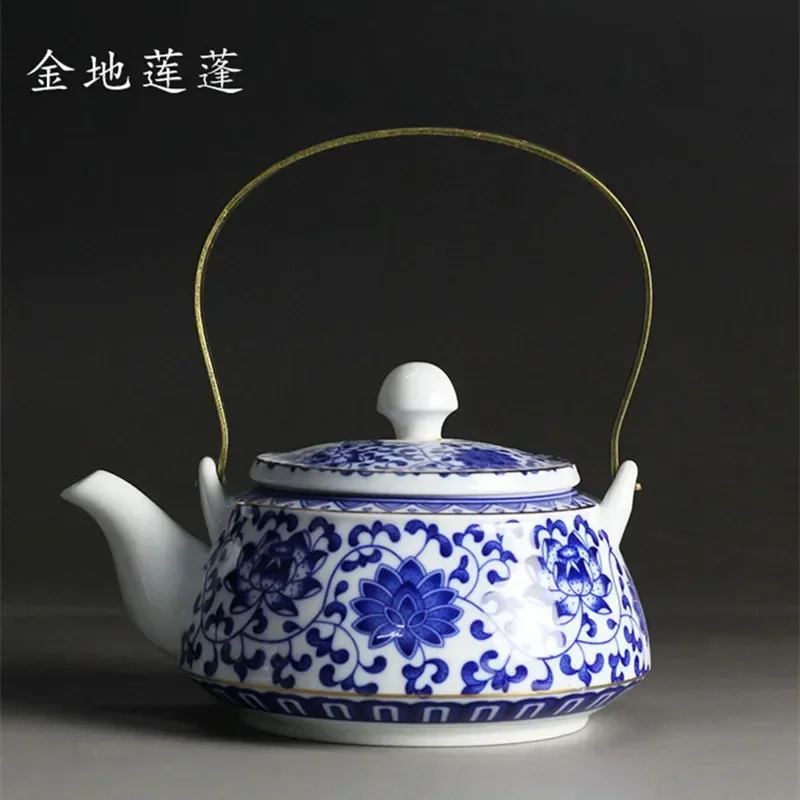 Chinese Jingdezhen Blue and White Porcelain Teapot, Coffee Pot, 600ml Copper Girder Tea Pot, Home Ceramic Teaware, High Quality