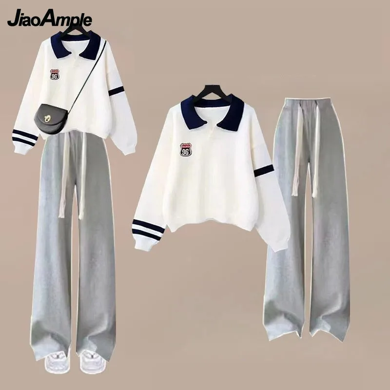 Girls\' Autumn Winter New Casual Tracksuit Matching Set Korean Elegant Loose POLO Sweatshirt+sports Wide Leg Pants Two-piece Suit