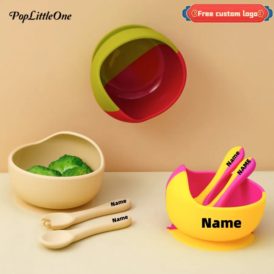 

Personalized Name 3PCS Baby Silicone Tableware Sets Kids Feeding Sucker Bowl Soft Spoon Fork Baby Dishes Plate Set Baby Utensils