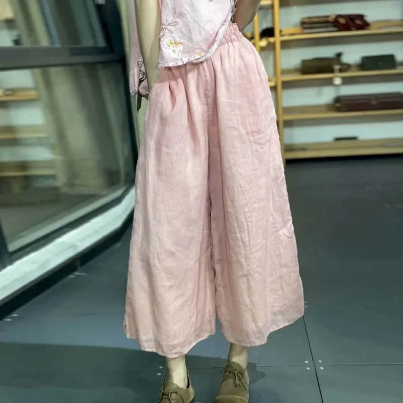 

Pop Cotton Linen Wide Leg Pants Women Vintage Korean Style Trousers Clothes Elastic Waist Solid Oversized Casual Loose Baggy Pan