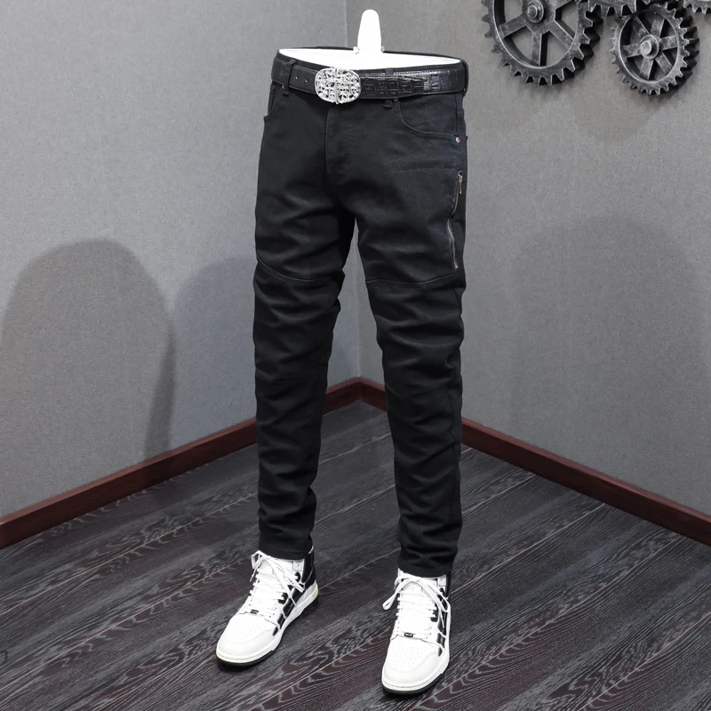 Fashionable new men's jeans with zipper decoration, washed, nostalgic, stretchy, slim fit, retro black jeans, designer pants, Y2