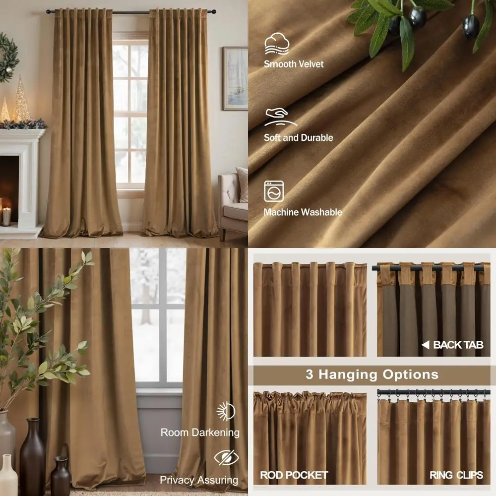 

Gold Brown Velvet Curtains, 84 Inch Length, 2-Panel Set for Light Blocking and Thermal Insulation, Luxurious Soft Room Darkening