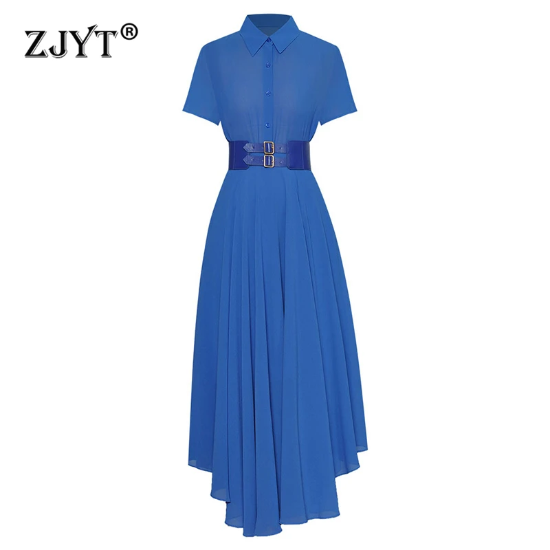 

ZJYT Summer Chiffon Blouse and Long Asymmetrical Skirt Set 2 Piece for Women Blue Vacation Outfit Runway Designer Dress Sets