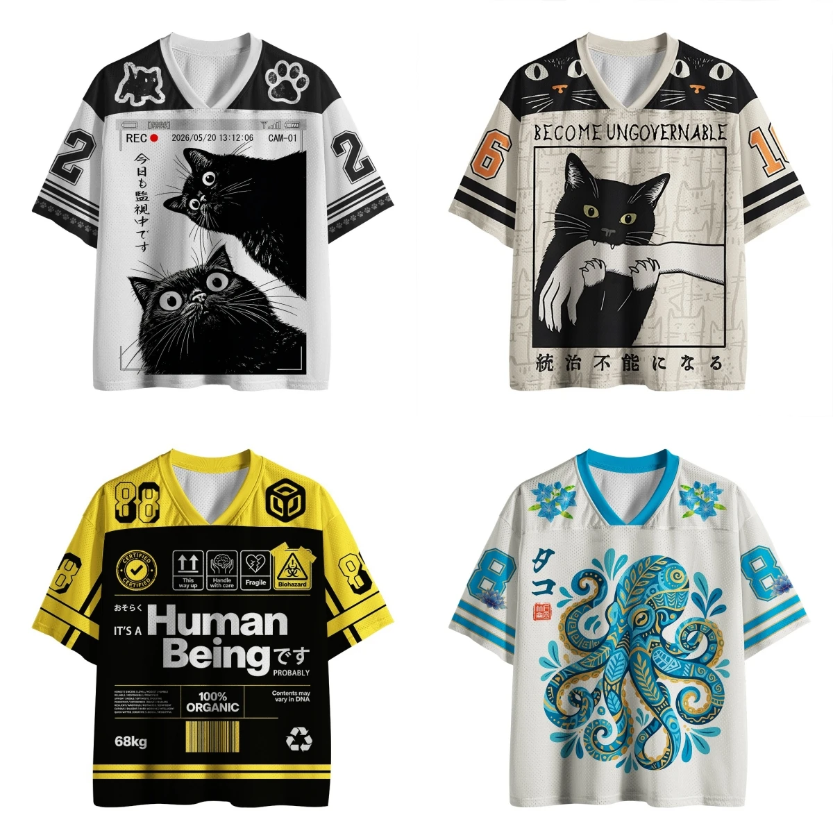 New Unisex Dark Kawaii Mesh Jersey T Shirt, Japanese Black Cat Octopus Graphic V Neck Short Sleeve Oversized Festival Streetwear