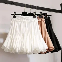 Jupe courte en mousseline de soie blanche et noire pour femmes, mode coréenne, taille haute, Tutu plissé, Mini jupe esthétique, été, 2022