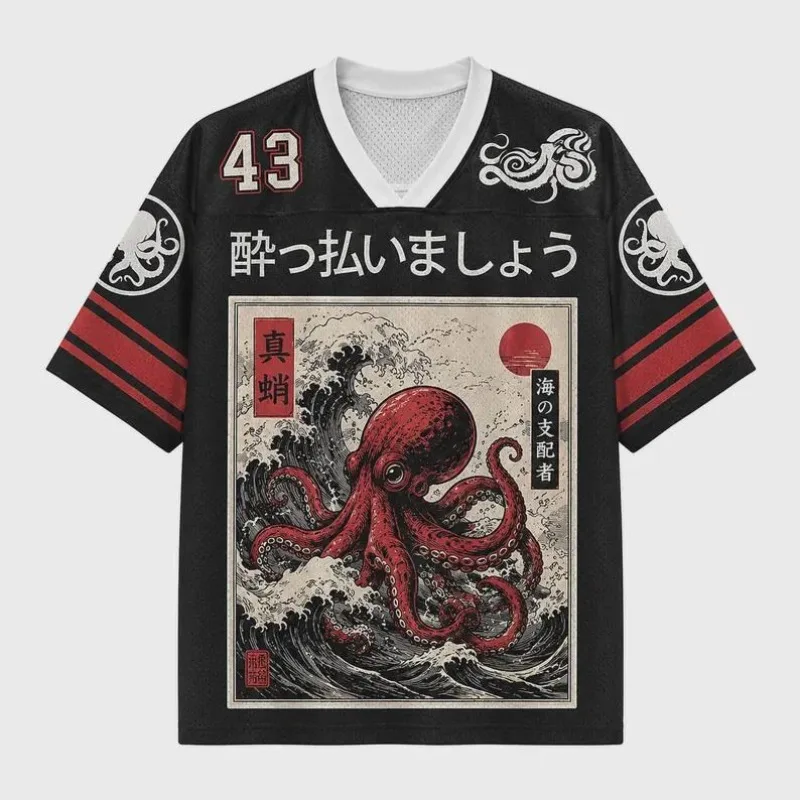 Japanese Ukiyo‑e Red Octopus Football Jersey Vintage Wave Kanji Print V‑Neck Number 43 Short Sleeve Sports Tee Top