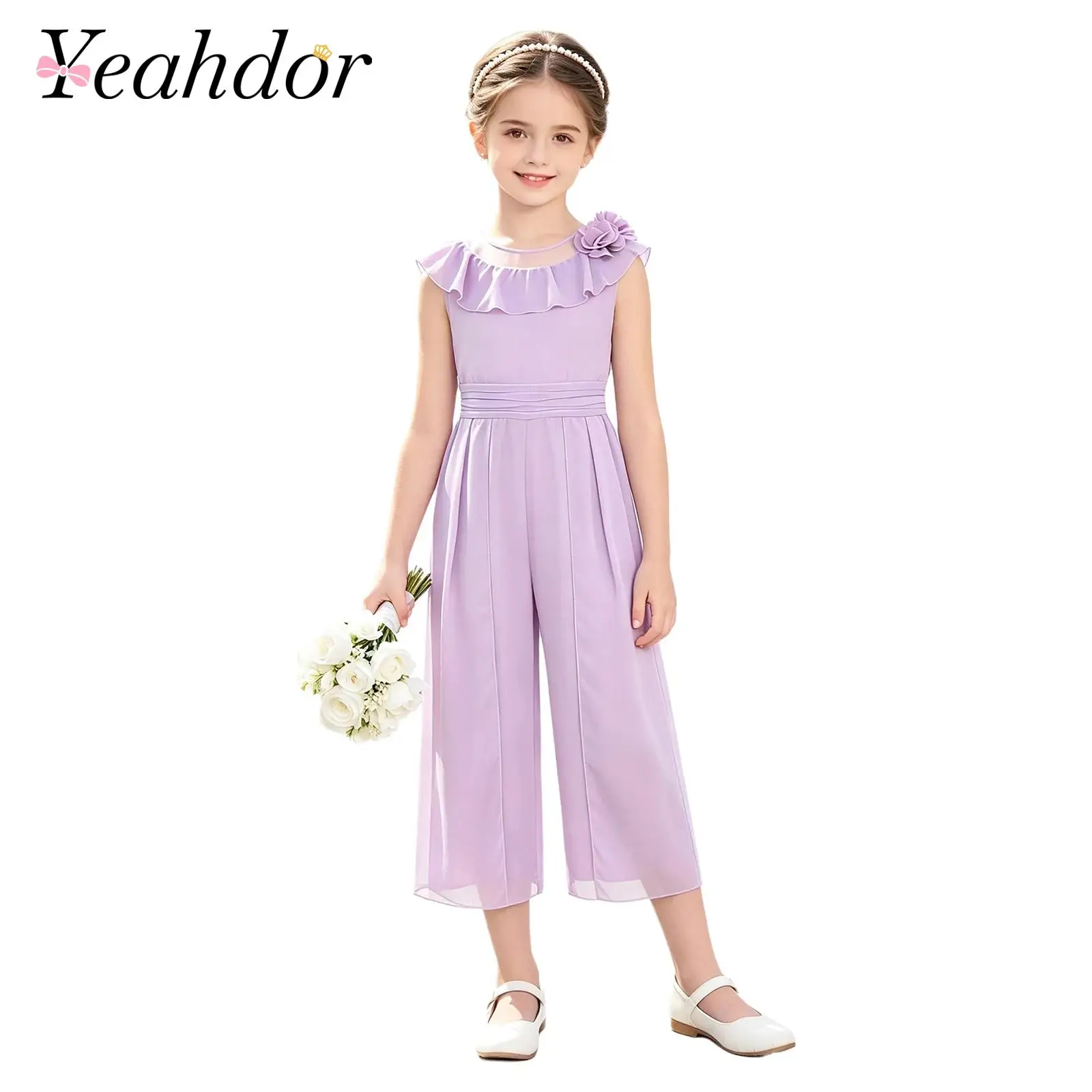 Monos para Niñas, Vestidos de Fiesta de Gasa con Flores, Trajes sin Mangas para Niñas, para Bodas, Damas de Honor, Comunión