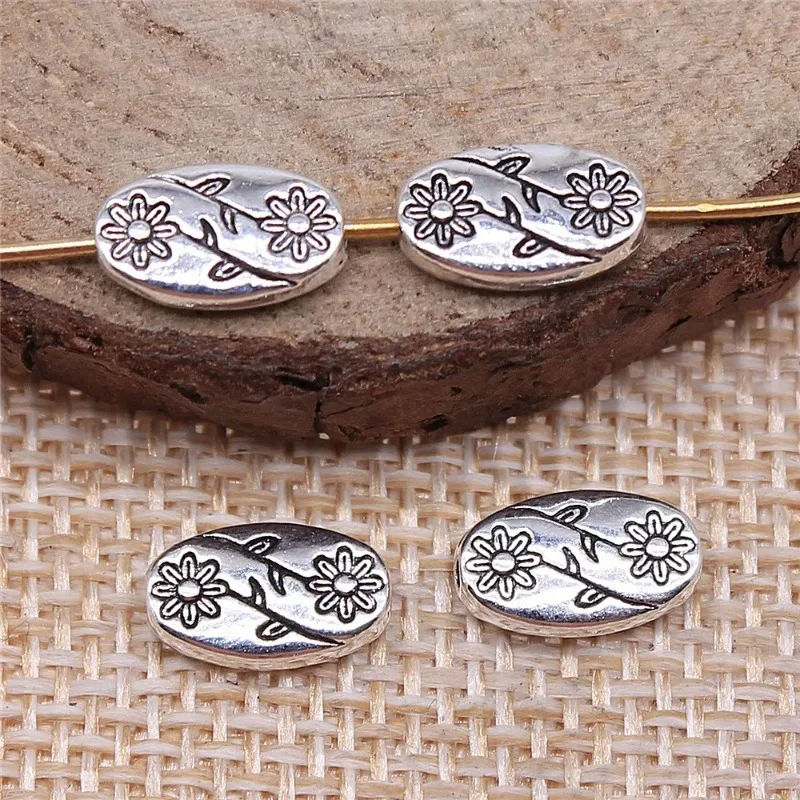 300 Stück antiksilberfarbene ovale Blumen-Abstandsperlen, 10 x 6 x 3 mm, für DIY-Schlüsselanhänger, Halsketten, Armbänder, Schmuckherstellung, Großhandel – Detail 2