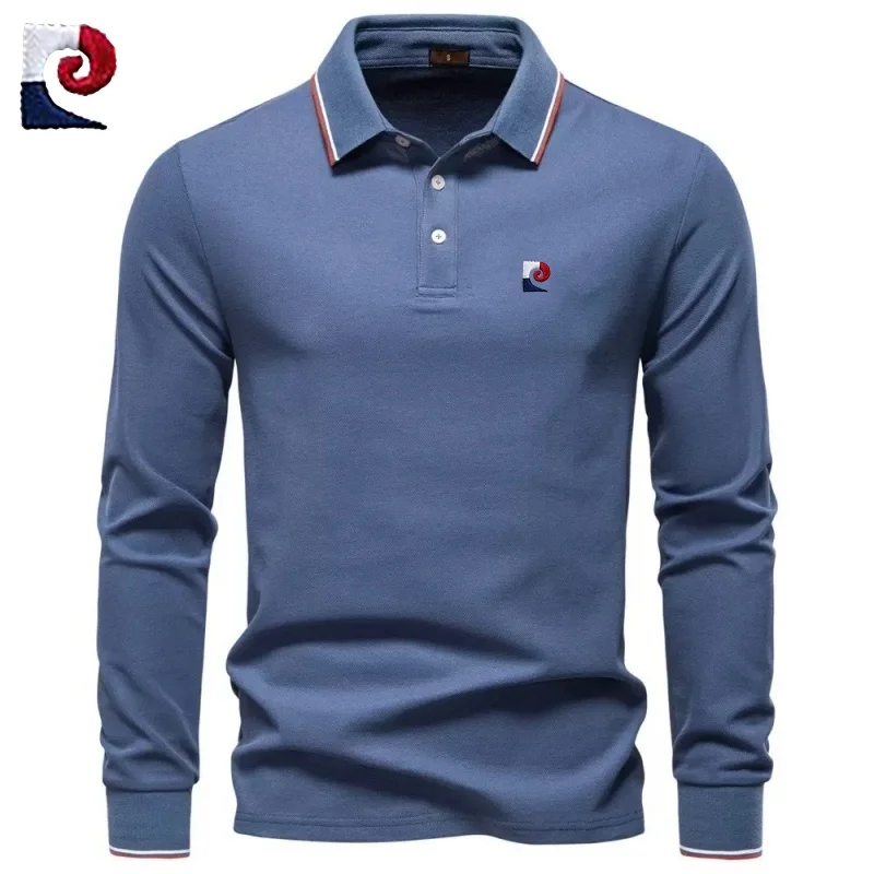 قميص بولو رجالي جديد عالي الجودة مصنوع من القطن الخالص بنسبة 100% بأكمام طويلة، قميص علوي عصري وكاجوال ومريح ومتعدد الاستخدامات