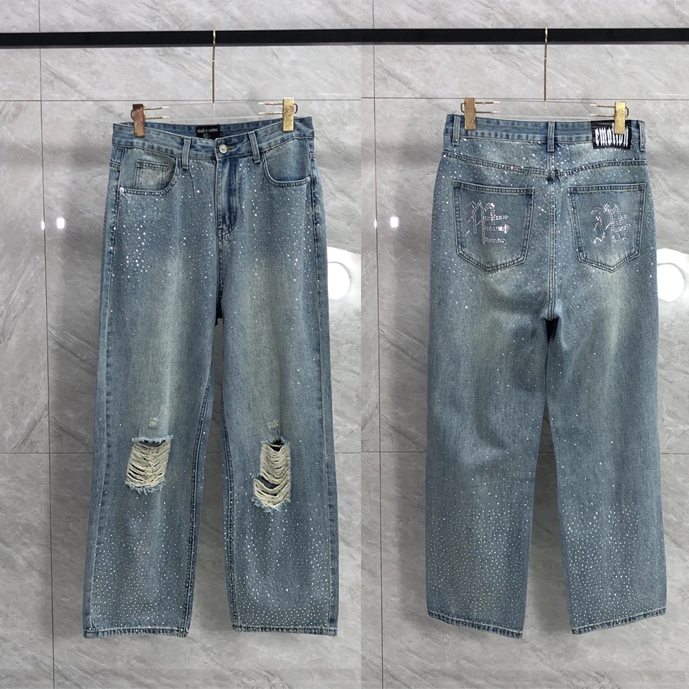 

MIXED EMOTION Jeans Men Fashion Retro Wash Blue Diamond Hot Drill Letter Print Hole Patch Wide Leg Pant Straight Leg Jeans