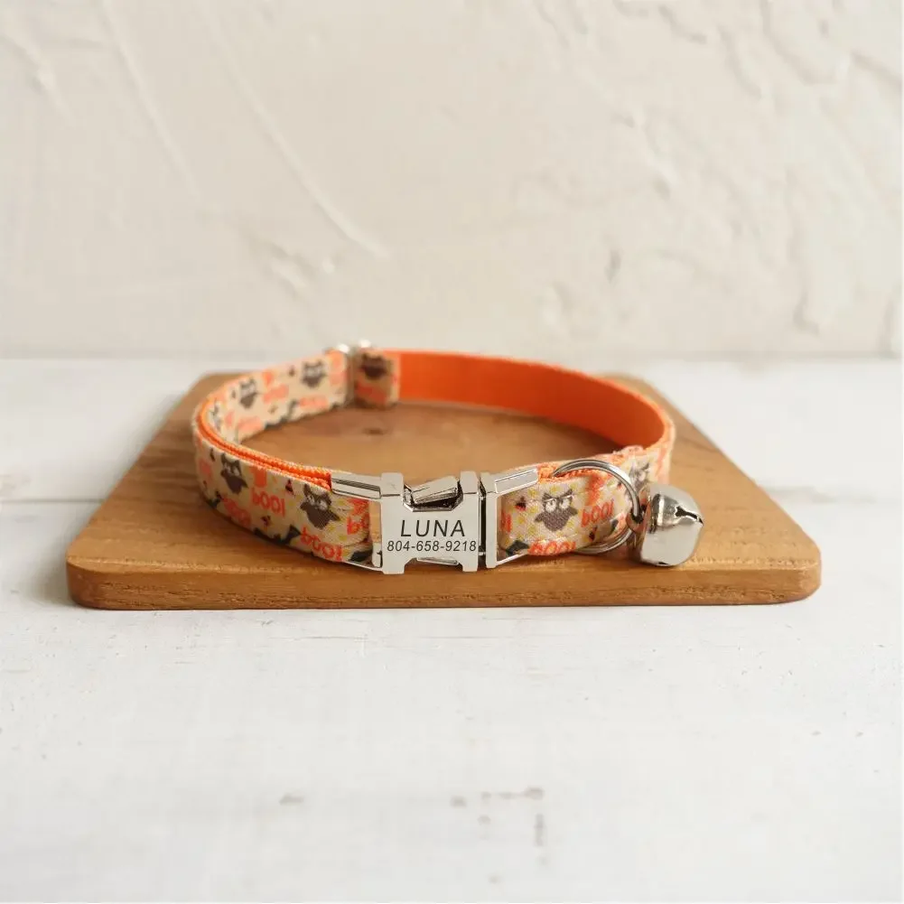 Personalized Cat Collar with Free Engraving, Matching Pet Leash,Customzied Contacts Metal Buckle, Halloween Bats Pet Collar