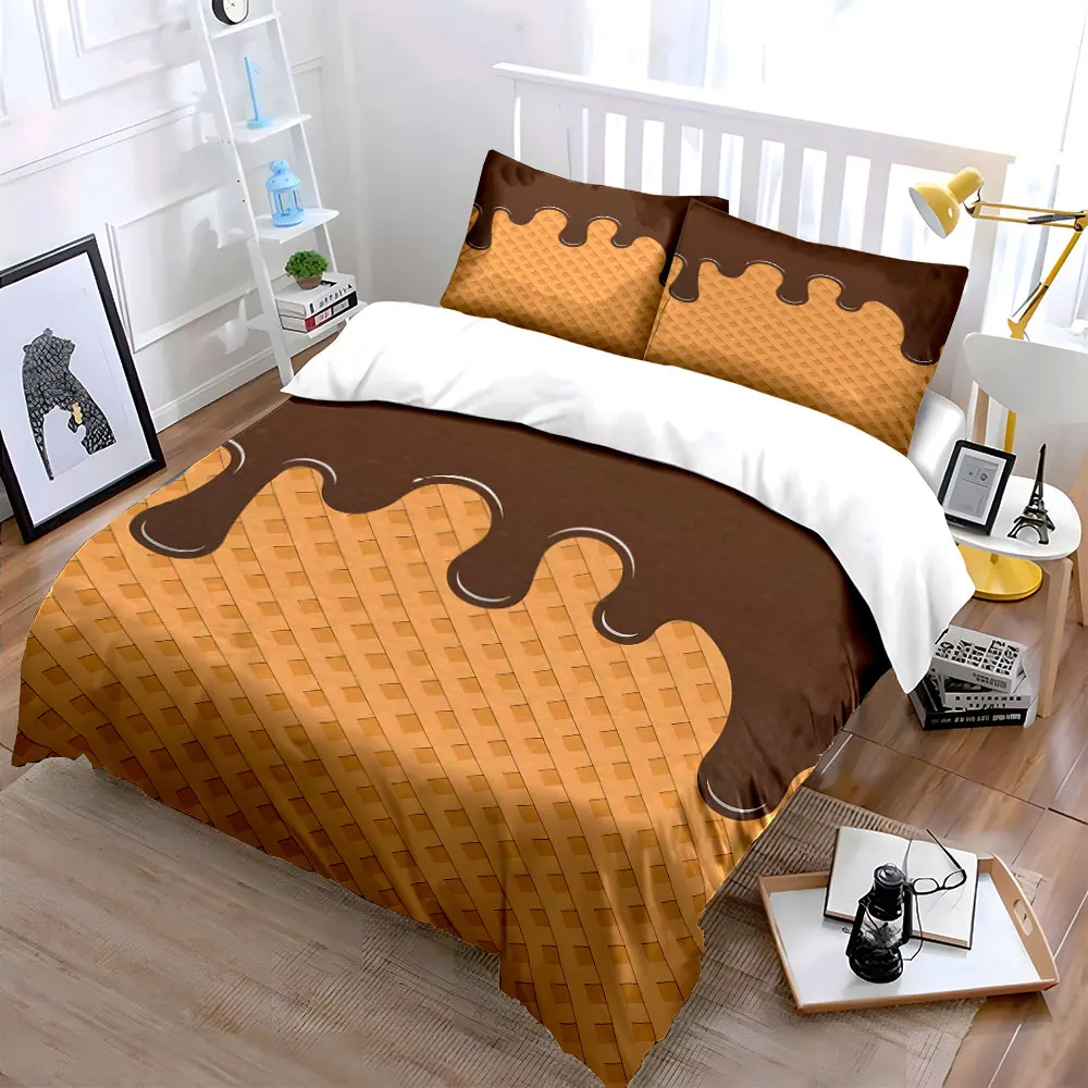 Chocolate drips on waffle surface Duvet Cover Set with 3D Printing Design Soft Polyester Bedding Set All-Season Comfort
