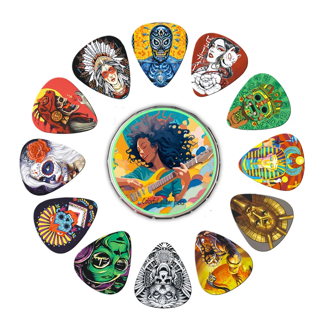 12-teiliges Einzigartiges Buntes Bedrucktes ABS-Gitarrenplektren-Set mit Metallbox, Langlebige Plektren für E-Gitarre & Bass, Zubehör-Geschenkset – Detail 1