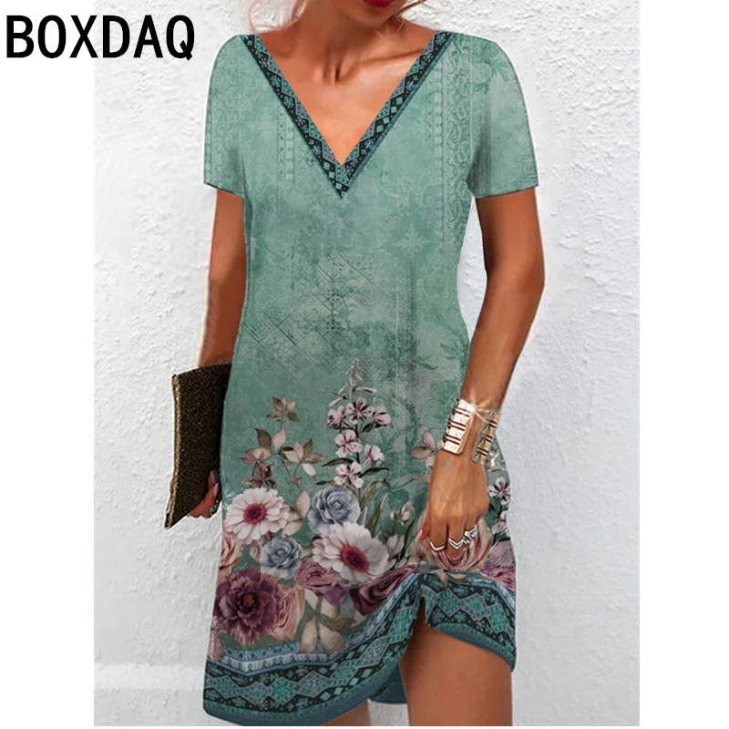 Elegant Vintage Floral Pattern Dress Summer V-neck Short SLeeve Casual A-Line Dress Woman Sundress Beach Holiday Dress Vestidos