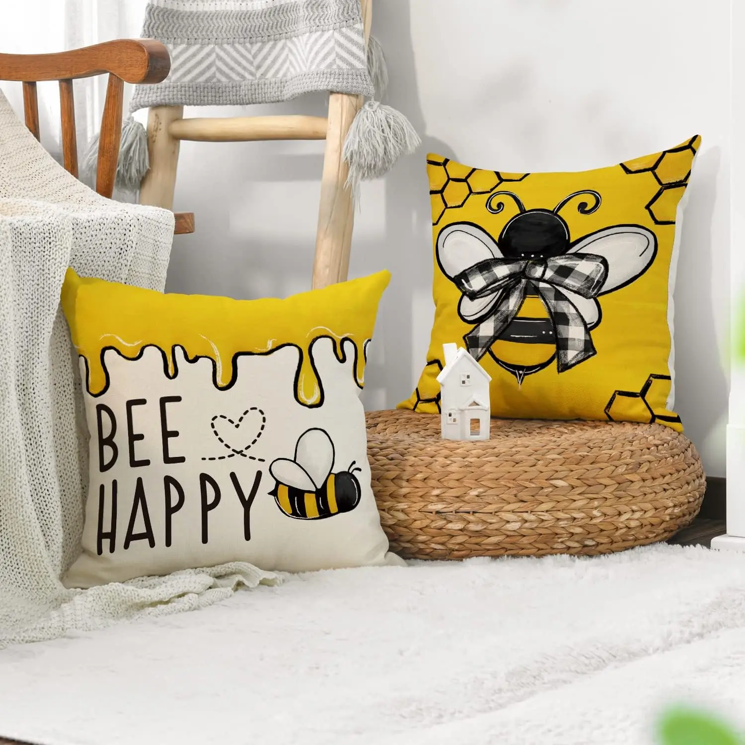 Happy Bee Kind Throw Pillow Covers, 18 x 18 Inch Honey and Bee Summer Cushion Case Decoration for Sofa Couch Set of 4