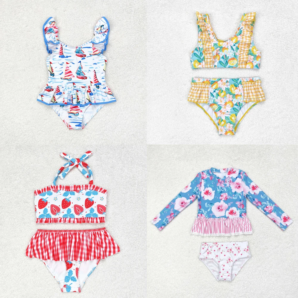 wholesale Summer hot sale swimming clothes for baby girls clothes Floral orange yellow plaid lace blue bathing suit