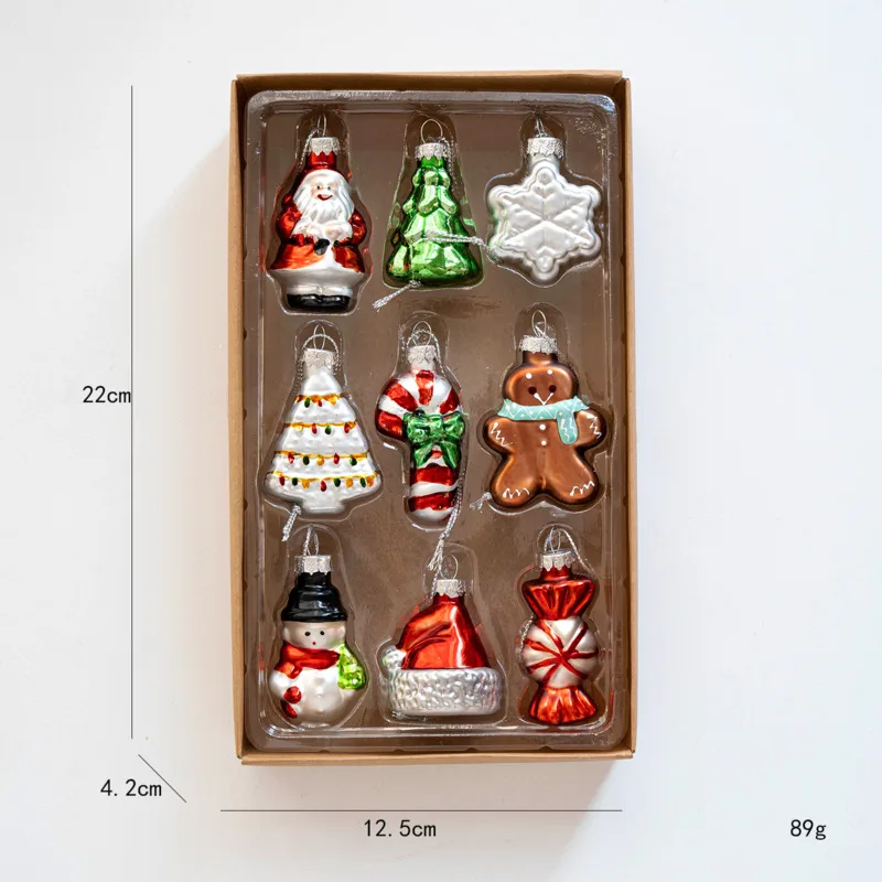 Glass Christmas Tree Hanging Ornaments Set Santa Snowman Candy Cane Gingerbread Pendant Xmas Party Home Decoration Gift