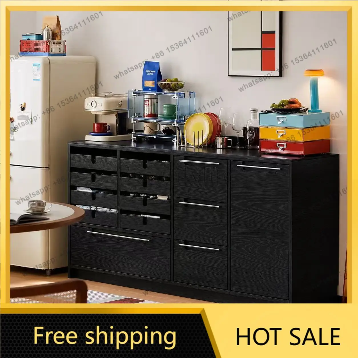 LS solid wood sideboard, high-end dining room Nordic vintage storage cabinet, modern minimalist storage wine cabinet