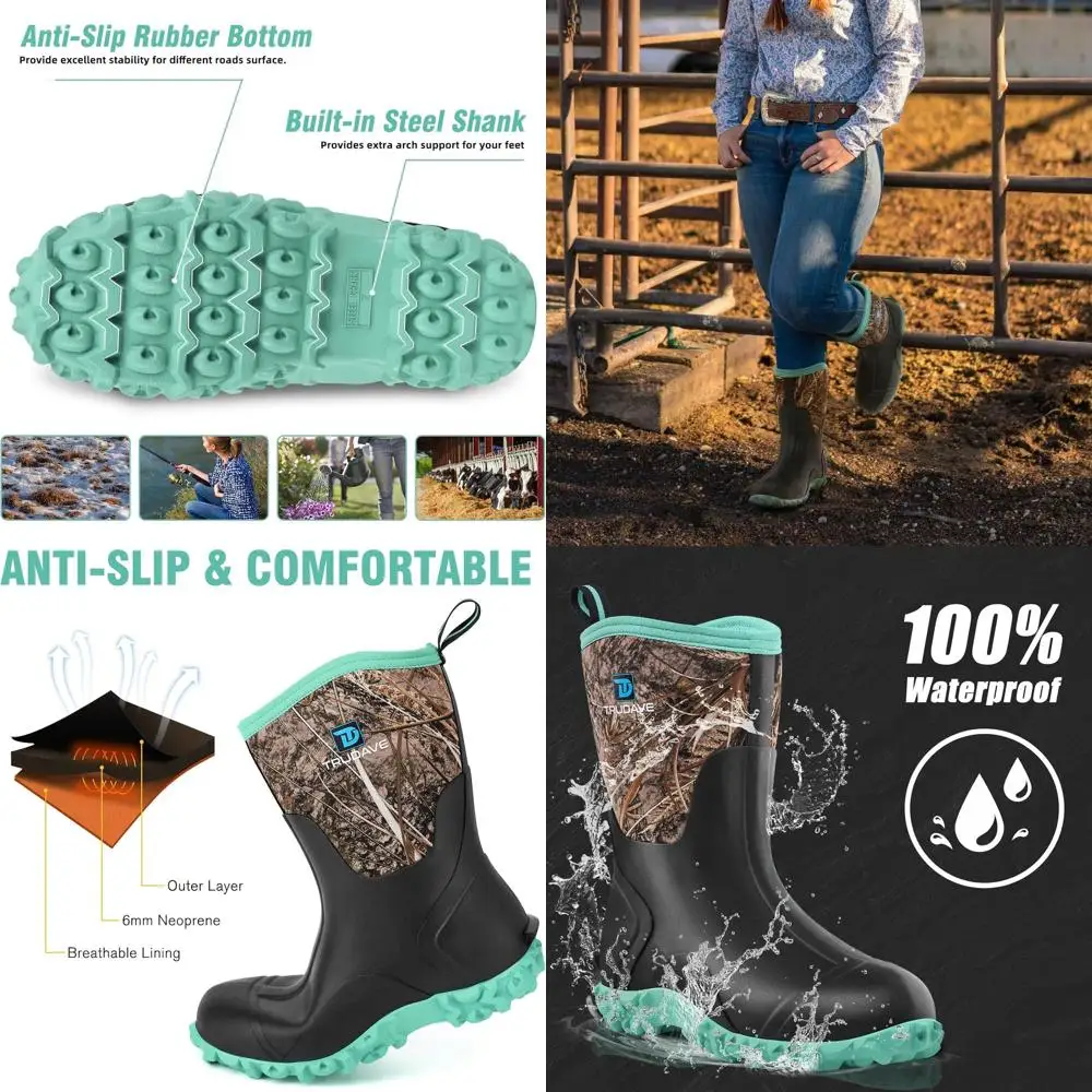 

Trudave Rubber Boots for Women with Steel Shank, 6mm Neoprene Mid Calf Rain Boots, Waterproof Insulated Mud Work Boots All Seaso