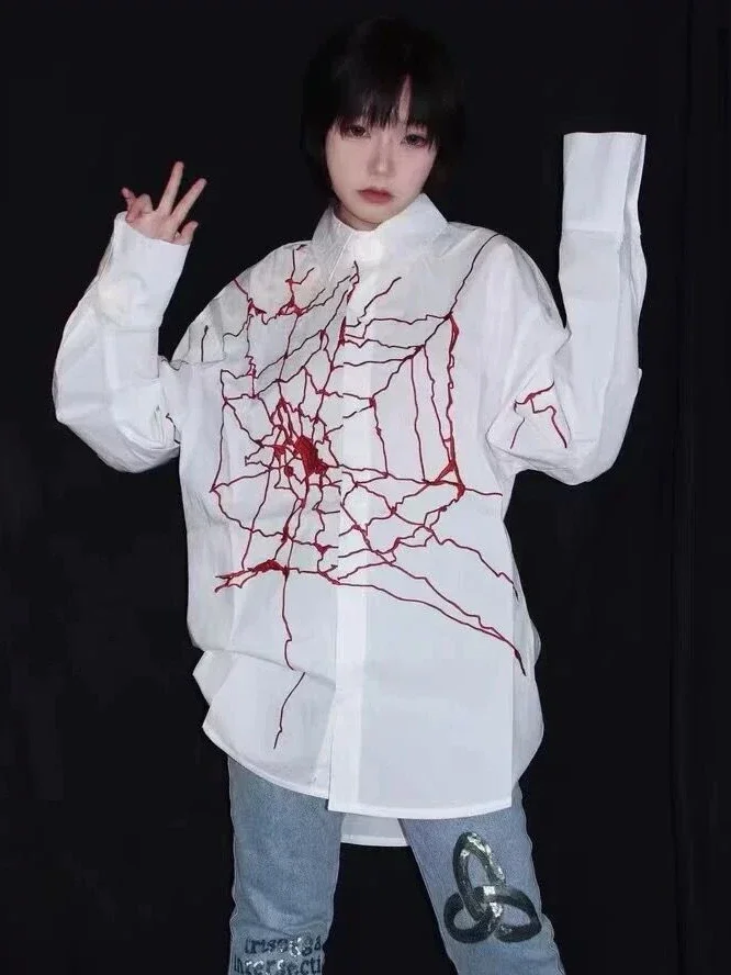 Harajuku Vintage Red Cobweb Embroidery Long Sleeve Blouse Women White Tops Shirts Y2k Aesthetic Grunge Blusas Blouses Shirt