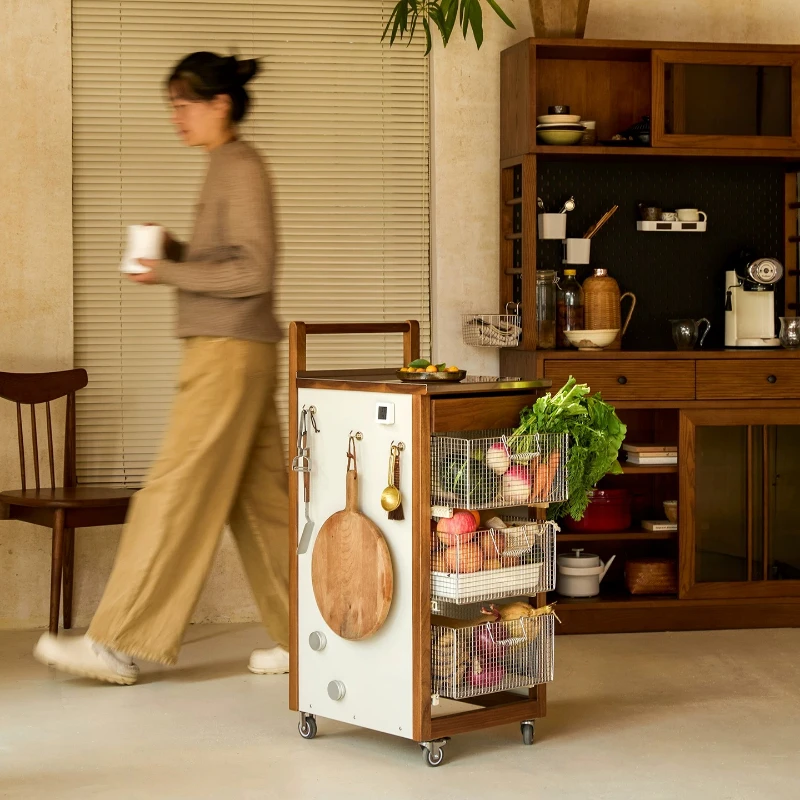 Solid wood retro kitchen fruit and vegetable rack snack storage mobile side storage rack trolley
