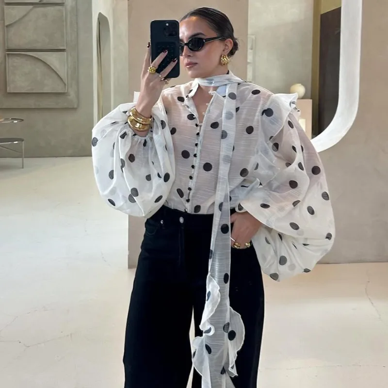 

Polka Dot Ruffled Blouse Fashion Print Contrast Lace-up See-Through Ribbon Blouse Top Retro High-Street Women's Shirt