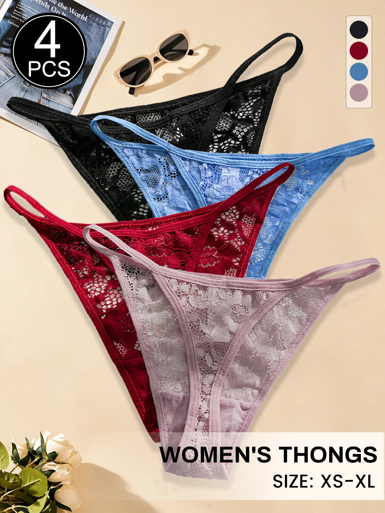 4pcs Women's Sheer Floral Lace Thongs Low-Rise G-String Panties Soft Breathable Underwear Solid Color Bikini Panties for Summer