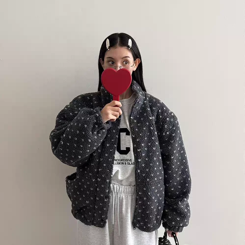 Warm Lamb Fur Coat Polka Dot Stand Collar Heart aped Korean Sle Women's Outerwear Suitable for All Seasons