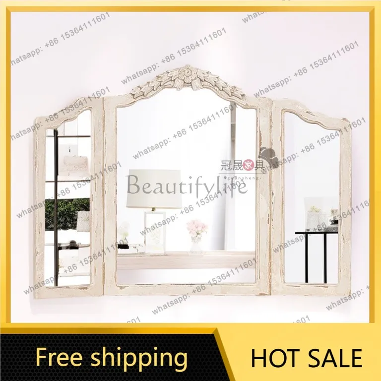 LS French retro home desktop tri-fold mirror dresser folding three-sided bedroom desktop decorative mirror