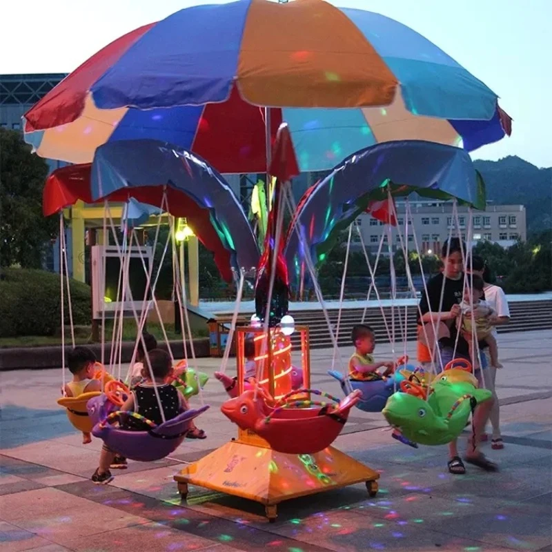 Portable Kids Amusement Park Ride Mini Electric Swing Carousel Merry Go Round Fish Theme Kids Flying Chair Rides