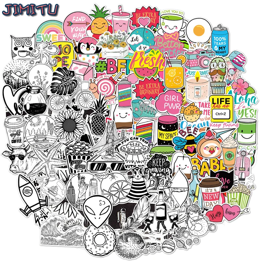 

100 Pcs Simple Fashion Black and White Stickers VSCO Cute Stickers For Notebook Computer Skateboard Bicycle Sticker Decoration