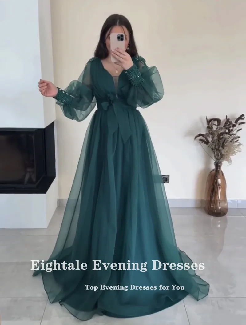 Eightale Green Evening Dress for Wedding Party Satin V-Neck Appliques Beaded Elegant Tulle Long Puffy Sleeves Arabic Prom Gowns