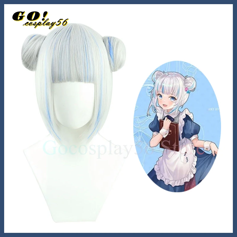 Hololive EN Gawr Gura Tóc Giả 2 Bánh VTuber Bé Gái Cosplay Xám Phối Xanh Ngắn Thẳng Lượn Sóng Tóc Tổng Hợp Vai Trò Chơi