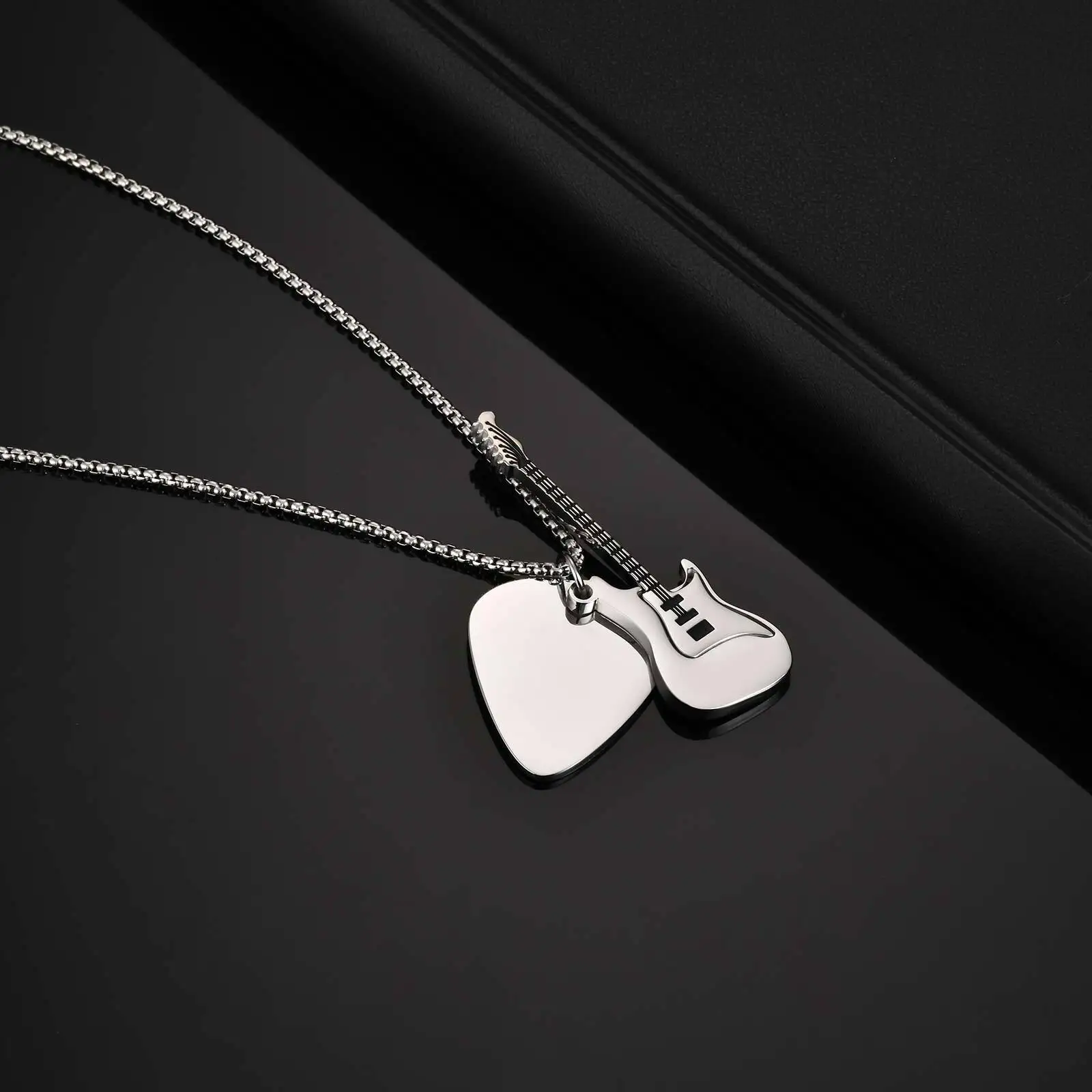 Vnox Guitar Pendant Necklace for Men, 2mm Width Box Chain Punk Necklace, Black Silver Color Stainless Steel Jewelry Gift for Him - Image 6