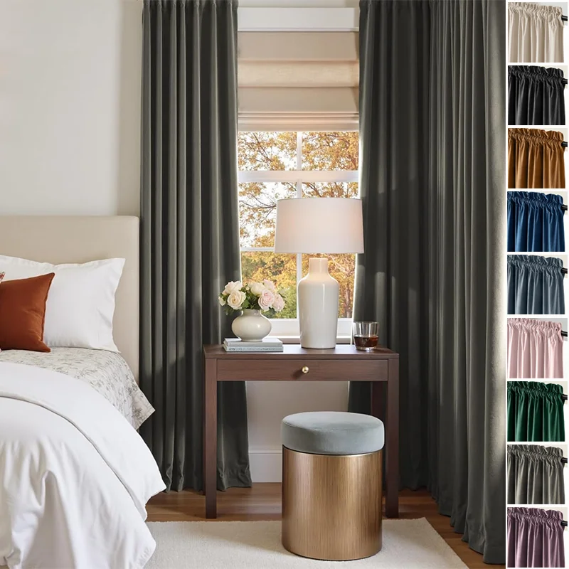 

Solid Color Thick Flocked Velvet Curtains Blackout Noise-Reducing Drapes with Rod Pocket for Bedroom Living Room Home Decoration