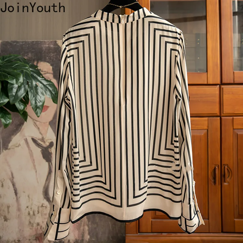 2024 Blusas Mujer De Moda Blouse Women Fashion Striped Print Long Sleeve Shirts Stand Neck Korean Tops Vintage Summer Blouses