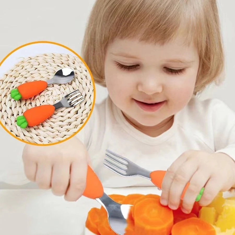 Garpu sendok baja tahan karat wortel set peralatan makan silikon terisolasi kapasitas besar dengan tepi halus dan bahan aman