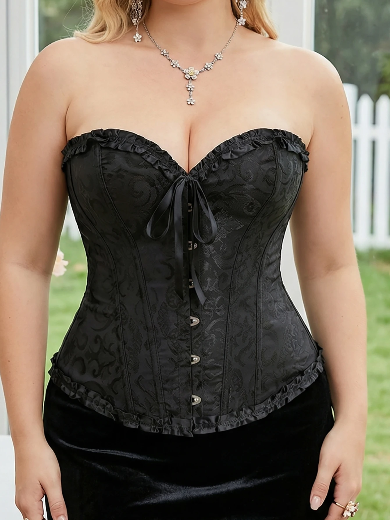 Plus size Women Elegant Black Lace Corset Top with Satin Bow Straps, Back Lace-up Bustier with Built-in Boning for Waist Shaping