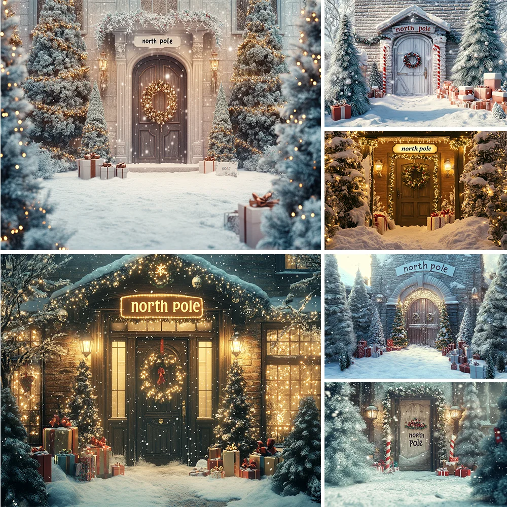 

Photography Background Winter Christmas North Pole Wood Door Xmas Gift Kids Family Portrait Decor Backdrop Photo Studio