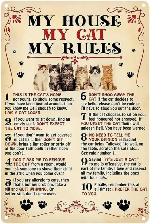 Funny Tin Sign My House Cat Rules Cat;s Pub Novelty Coffee Bar Club Wall Poster Yard Garden Farm Man Cave Cafe Living