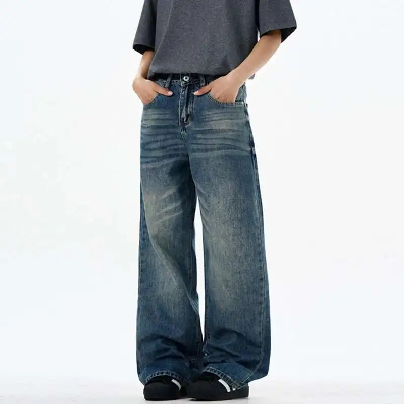 Trendy Men's New Wear Denim Pants New American Washed Fashion Men Cleanfit Versatile Wide Leg Jeans Summer PTP8