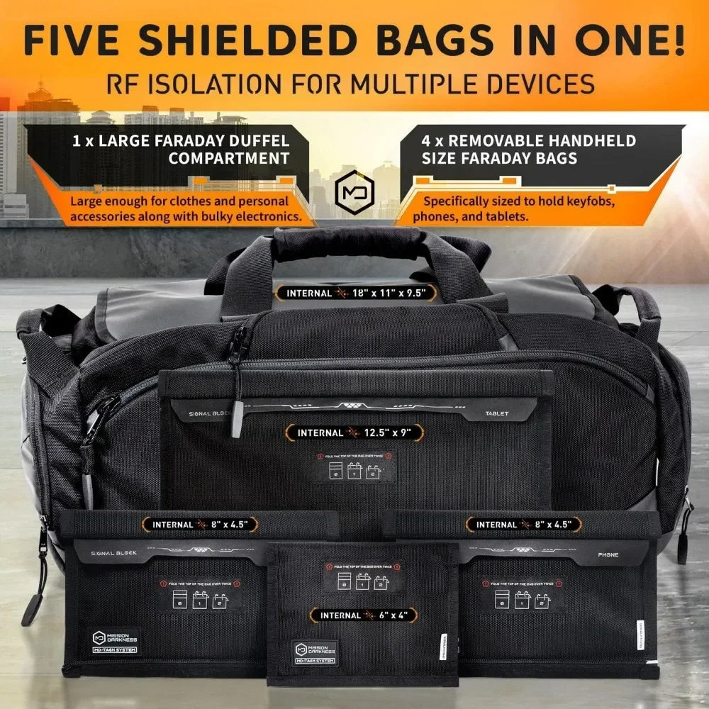 Darkness Disconnect Faraday Duffel Bag + 4 Detachable Faraday Pockets // Military-Grade RF Shielding for Large Electronics