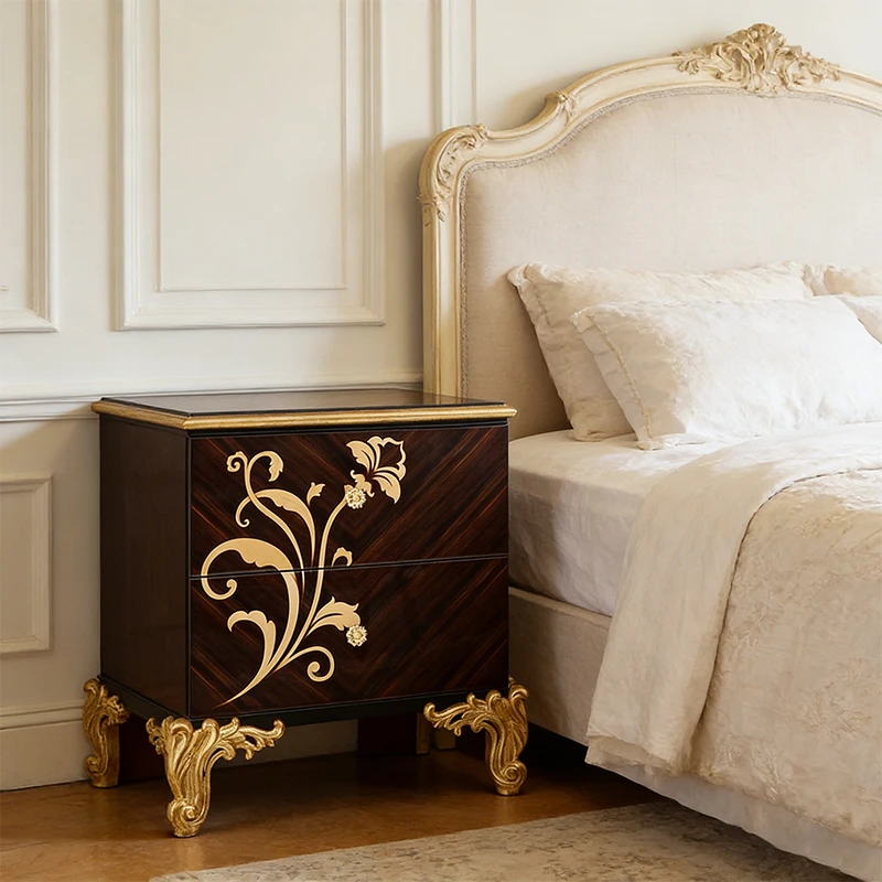 !@Luxury Style Hand-carved Gold Leaf Accents Solid Wood Bedroom Bedside Table Ebony Wood Veneer Mid Century Modern Nightstand